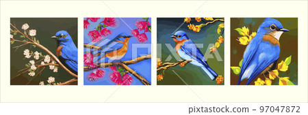 set square posters. Vintage bird sits branch flowering tree spring season. Nightingale branches with leaves. Beautiful vector illustration with hand drawn birds, Japanese flowers, spring wallpapers 97047872