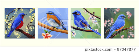 set square posters. Vintage bird sits branch flowering tree spring season. Nightingale branches with leaves. Beautiful vector illustration with hand drawn birds, Japanese flowers, spring wallpapers 97047877