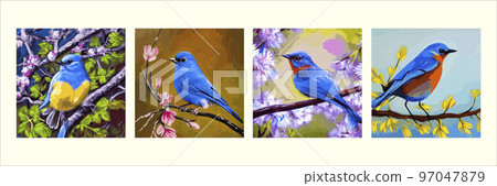 set square posters. Vintage bird sits branch flowering tree spring season. Nightingale branches with leaves. Beautiful vector illustration with hand drawn birds, Japanese flowers, spring wallpapers set square posters. Vintage bird sits branch flowering tree spring season. Nightingale branches with leaves. Beautiful vector illustration with hand drawn birds, Japanese flowers, spring wallpapers 97047879