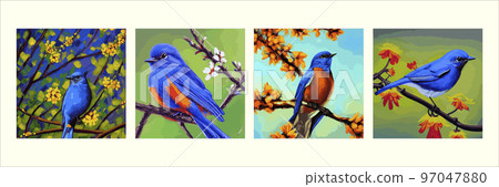 set square posters. Vintage bird sits branch flowering tree spring season. Nightingale branches with leaves. Beautiful vector illustration with hand drawn birds, Japanese flowers, spring wallpapers set square posters. Vintage bird sits branch flowering tree spring season. Nightingale branches with leaves. Beautiful vector illustration with hand drawn birds, Japanese flowers, spring wallpapers 97047880