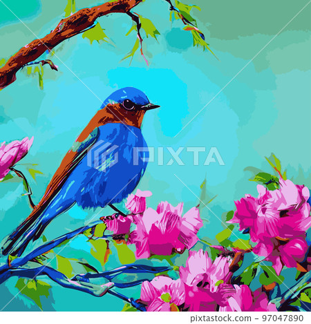 Bird sits branch cherry blossoms. Nightingale branches with leaves. Beautiful vector illustration with birds, Japanese flowers, tree, spring wallpaper, branches. Ideal for wallpapers, surface textures Bird sits branch cherry blossoms. Nightingale branches with leaves. Beautiful vector illustration with birds, Japanese flowers, tree, spring wallpaper, branches. Ideal for wallpapers, surface textures 97047890