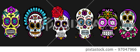 set of Vintage vector illustrations of a skull with flowers on a black background banner. Skull with succulent plants. concept for the holiday Day Remembrance of the Dead. Fashion designer print set of Vintage vector illustrations of a skull with flowers on a black background banner. Skull with succulent plants. concept for the holiday Day Remembrance of the Dead. Fashion designer print 97047966