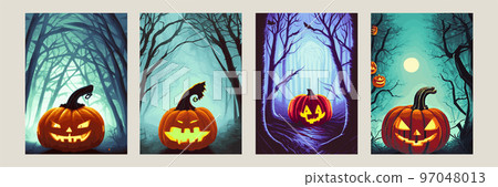 Halloween spooky traditional pumpkins dark misty night forest with blue mist Halloween night background with pumpkin, Halloween party wallpaper or invitation template advertising. set vertical posters Halloween spooky traditional pumpkins dark misty night forest with blue mist Halloween night background with pumpkin, Halloween party wallpaper or invitation template advertising. set vertical posters 97048013