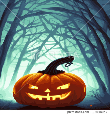 Halloween spooky traditional pumpkins in a dark misty night forest with blue mist. Halloween night background with pumpkin, Halloween party wallpaper or invitation template, advertising. Halloween spooky traditional pumpkins in a dark misty night forest with blue mist. Halloween night background with pumpkin, Halloween party wallpaper or invitation template, advertising. 97048047