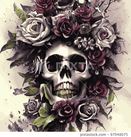 Skull with flowers, roses and pumpkins for Halloween. Vector illustration for autumn halloween holiday in vintage old style. Gothic romantic human skull 97048075