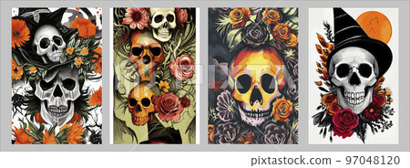 Day of the dead skulls and flowers, vintage vector illustration set of four square posters. Vintage floral skull for autumn halloween holiday. Day of the dead skulls and flowers, vintage vector illustration set of four square posters. Vintage floral skull for autumn halloween holiday. 97048120