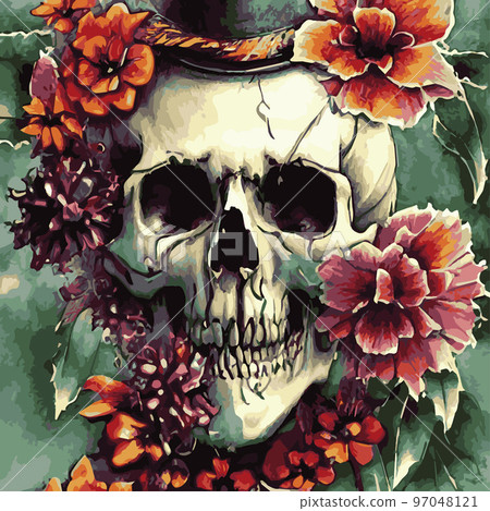Gothic romantic human skull red roses and pink peonies with small pumpkins for halloween, clothing template and t-shirt design, day of the dead. Vector stickers, prints, patches vintage Gothic romantic human skull red roses and pink peonies with small pumpkins for halloween, clothing template and t-shirt design, day of the dead. Vector stickers, prints, patches vintage 97048121