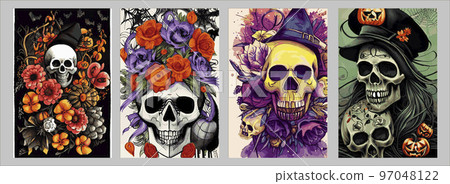 Day of the dead skulls and flowers, vintage vector illustration set of four square posters. Vintage floral skull for autumn halloween holiday. Day of the dead skulls and flowers, vintage vector illustration set of four square posters. Vintage floral skull for autumn halloween holiday. 97048122