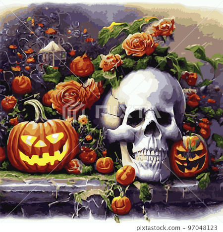 Skull with flowers, roses and pumpkins for Halloween. Vector illustration for autumn halloween holiday in vintage old style. Gothic romantic human skull Skull with flowers, roses and pumpkins for Halloween. Vector illustration for autumn halloween holiday in vintage old style. Gothic romantic human skull 97048123