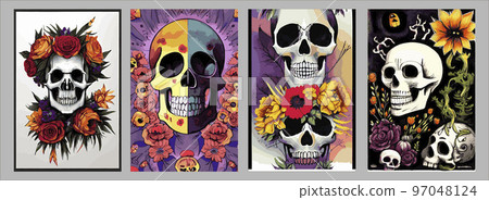 Day of the dead skulls and flowers, vintage vector illustration set of four square posters. Vintage floral skull for autumn halloween holiday. Day of the dead skulls and flowers, vintage vector illustration set of four square posters. Vintage floral skull for autumn halloween holiday. 97048124