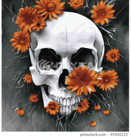 Gothic romantic human skull red roses and pink peonies with small pumpkins for halloween, clothing template and t-shirt design, day of the dead. Vector stickers, prints, patches vintage Gothic romantic human skull red roses and pink peonies with small pumpkins for halloween, clothing template and t-shirt design, day of the dead. Vector stickers, prints, patches vintage 97048125