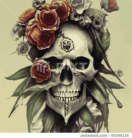 Gothic romantic human skull red roses and pink peonies with small pumpkins for halloween, clothing template and t-shirt design, day of the dead. Vector stickers, prints, patches vintage Gothic romantic human skull red roses and pink peonies with small pumpkins for halloween, clothing template and t-shirt design, day of the dead. Vector stickers, prints, patches vintage 97048126