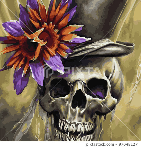 Gothic romantic human skull red roses and pink peonies with small pumpkins for halloween, clothing template and t-shirt design, day of the dead. Vector stickers, prints, patches vintage Gothic romantic human skull red roses and pink peonies with small pumpkins for halloween, clothing template and t-shirt design, day of the dead. Vector stickers, prints, patches vintage 97048127