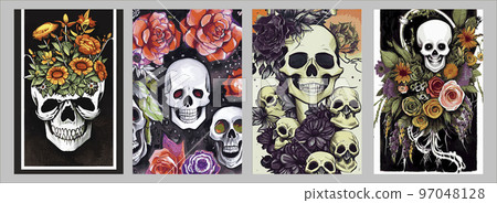 Day of the dead skulls and flowers, vintage vector illustration set of four square posters. Vintage floral skull for autumn halloween holiday. Day of the dead skulls and flowers, vintage vector illustration set of four square posters. Vintage floral skull for autumn halloween holiday. 97048128