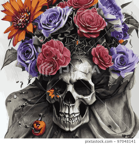 Skull with flowers, roses and pumpkins for Halloween. Vector illustration for autumn halloween holiday in vintage old style. Gothic romantic human skull 97048141