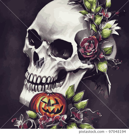 Skull with flowers, roses and pumpkins for Halloween. Vector illustration for autumn halloween holiday in vintage old style. Gothic romantic human skull 97048194