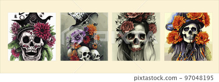 Day of the dead skulls and flowers, vintage vector illustration set of four square posters. Vintage floral skull for autumn halloween holiday. 97048195