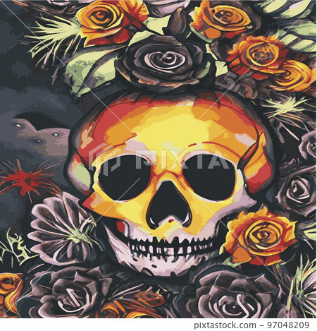 Gothic romantic human skull red roses and pink peonies with small pumpkins for halloween, clothing template and t-shirt design, day of the dead. Vector stickers, prints, patches vintage Gothic romantic human skull red roses and pink peonies with small pumpkins for halloween, clothing template and t-shirt design, day of the dead. Vector stickers, prints, patches vintage 97048209