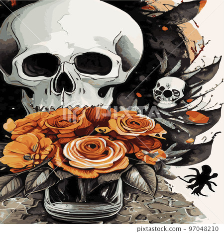Gothic romantic human skull red roses and pink peonies with small pumpkins for halloween, clothing template and t-shirt design, day of the dead. Vector stickers, prints, patches vintage Gothic romantic human skull red roses and pink peonies with small pumpkins for halloween, clothing template and t-shirt design, day of the dead. Vector stickers, prints, patches vintage 97048210