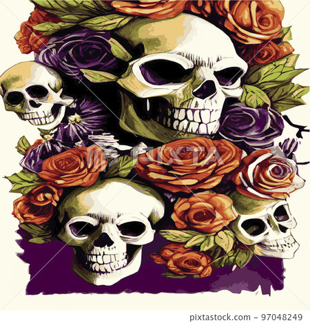 Gothic romantic human skull red roses and pink peonies with small pumpkins for halloween, clothing template and t-shirt design, day of the dead. Vector stickers, prints, patches vintage Gothic romantic human skull red roses and pink peonies with small pumpkins for halloween, clothing template and t-shirt design, day of the dead. Vector stickers, prints, patches vintage 97048249