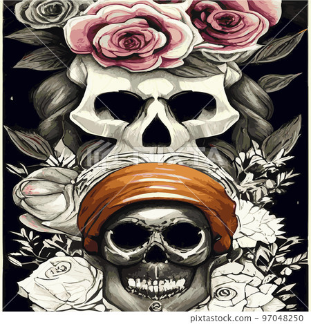 Gothic romantic human skull red roses and pink peonies with small pumpkins for halloween, clothing template and t-shirt design, day of the dead. Vector stickers, prints, patches vintage 97048250