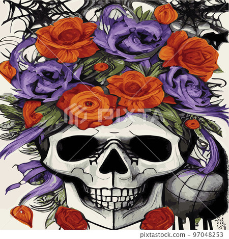 Gothic romantic human skull red roses and pink peonies with small pumpkins for halloween, clothing template and t-shirt design, day of the dead. Vector stickers, prints, patches vintage Gothic romantic human skull red roses and pink peonies with small pumpkins for halloween, clothing template and t-shirt design, day of the dead. Vector stickers, prints, patches vintage 97048253