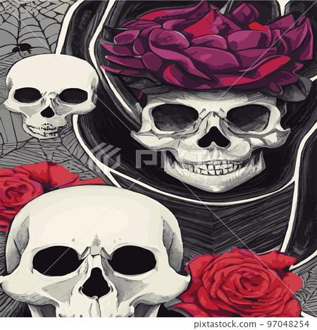Gothic romantic human skull red roses and pink peonies with small pumpkins for halloween, clothing template and t-shirt design, day of the dead. Vector stickers, prints, patches vintage Gothic romantic human skull red roses and pink peonies with small pumpkins for halloween, clothing template and t-shirt design, day of the dead. Vector stickers, prints, patches vintage 97048254