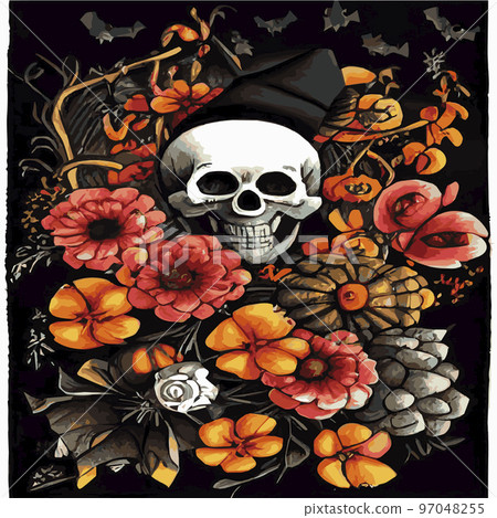 Gothic romantic human skull red roses and pink peonies with small pumpkins for halloween, clothing template and t-shirt design, day of the dead. Vector stickers, prints, patches vintage Gothic romantic human skull red roses and pink peonies with small pumpkins for halloween, clothing template and t-shirt design, day of the dead. Vector stickers, prints, patches vintage 97048255
