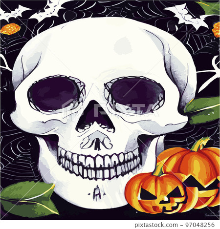 Gothic romantic human skull red roses and pink peonies with small pumpkins for halloween, clothing template and t-shirt design, day of the dead. Vector stickers, prints, patches vintage 97048256