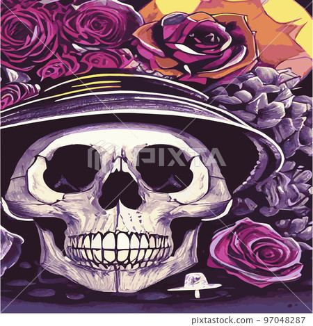 Gothic romantic human skull red roses and pink peonies with small pumpkins for halloween, clothing template and t-shirt design, day of the dead. Vector stickers, prints, patches vintage Gothic romantic human skull red roses and pink peonies with small pumpkins for halloween, clothing template and t-shirt design, day of the dead. Vector stickers, prints, patches vintage 97048287