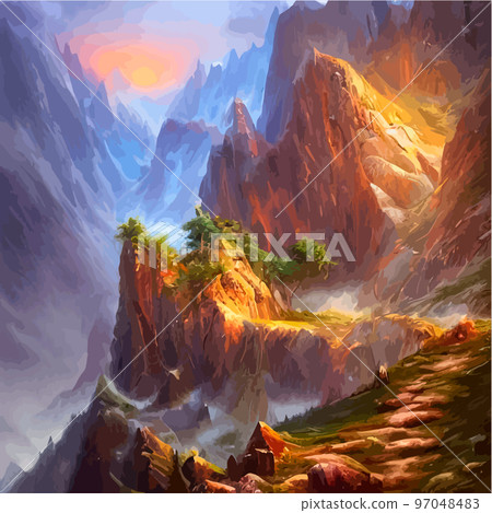 Realistic illustration of a mountain landscape with hills and coniferous forest under retro. Smoke mountains. vector landscape for your design. Magic hill silhouette. Realistic illustration of a mountain landscape with hills and coniferous forest under retro. Smoke mountains. vector landscape for your design. Magic hill silhouette. 97048483