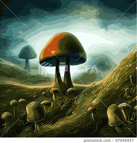 Surreal rowing landscape vector illustration. Enchanted forest with mushrooms magic. meadow with colorful mushrooms fantasy style. Beautiful magic mushrooms lost forest and fireflies background fog  97048937