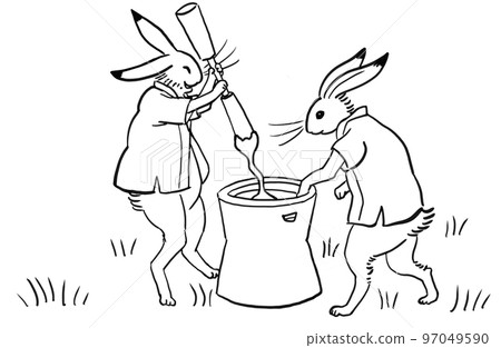 Choju caricature style illustration Two rabbits pounding mochi 97049590