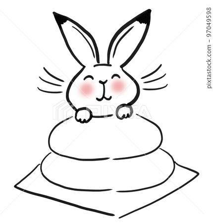 Choju 漫畫風格的插圖，一隻兔子將頭伸出在 kagami-mochi 上 97049598