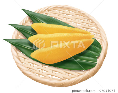 A delicious hand-drawn illustration of a realistic taste of herring roe and bamboo leaves in a bamboo colander 97051071
