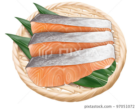 A delicious illustration of a realistic taste of salmon fillets and bamboo leaves in a bamboo colander 97051072