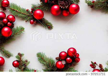 Concept of Christmas day, top down view, Christmas border design with decoration wooden background. Holly berries and snow on a wooden background. Concept of Christmas day, top down view, Christmas border design with decoration wooden background. Holly berries and snow on a wooden background. 97051731