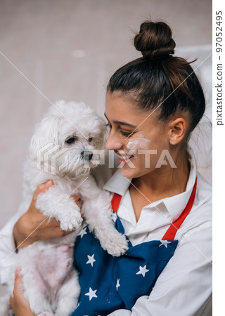 Smiling woman in kitchen holding cute white Maltese dog Smiling woman in kitchen holding cute white Maltese dog 97052495