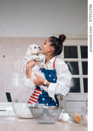 Smiling woman in kitchen holding cute white Maltese dog Smiling woman in kitchen holding cute white Maltese dog 97052496