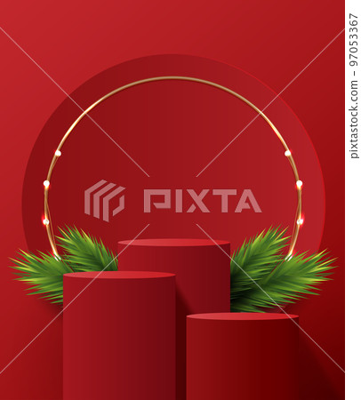 Podium shape for show cosmetic product display for Christmas day or New Years. Stand product showcase on red background with tree christmas. vector design. 97053367