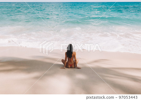 Bikini Beach Girl in Red Swimsuit on Tropical Seashore Under Palm Tree Shade During Sea Vacation Bikini Beach Girl in Red Swimsuit on Tropical Seashore Under Palm Tree Shade During Sea Vacation 97053443