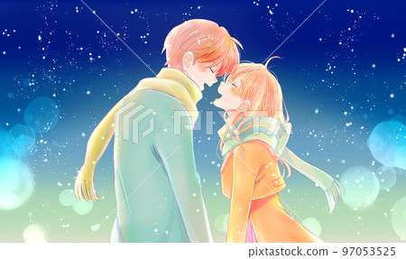 男女情侶面對冬夜雪 97053525