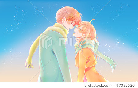 一個快樂的男人和一個女人在冬天黎明前面對面 97053526