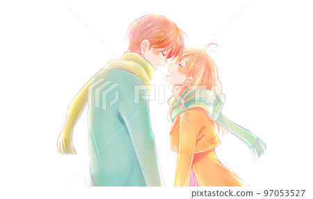 一個快樂的男人和女人在冬天面對面 97053527