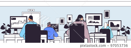 traders stock market brokers analyzing charts or making presentation on computer monitors at workplace horizontal 97053736