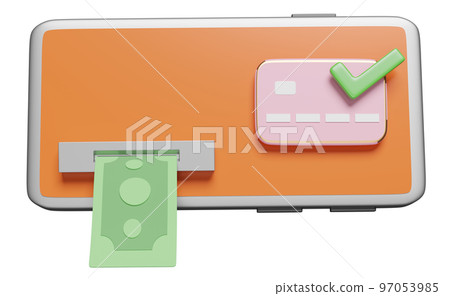 3d mobile phone, smartphone with banknote, check mark, credit card isolated. withdrawal cash with atm machine transaction concept, 3d render illustration 97053985
