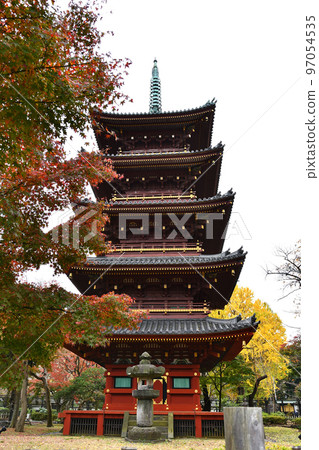 Autumnal leaves and five-storied pagoda Autumnal leaves and five-storied pagoda 97054535