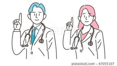 A smiling male and female doctor wearing a white coat and holding a stethoscope [medical vector illustration material] 97055107