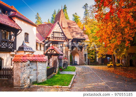 Sinaia, Romania. Carpathian Mountains landscape with typical german architecture. 97055185