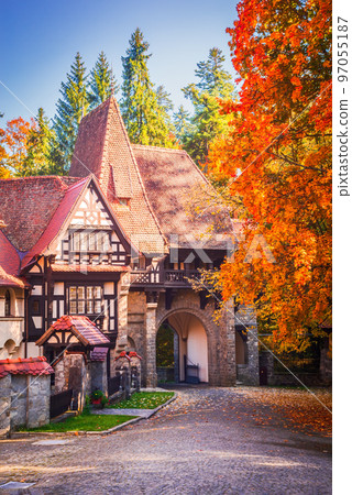 Sinaia, Romania. Carpathian Mountains landscape with typical german architecture. 97055187